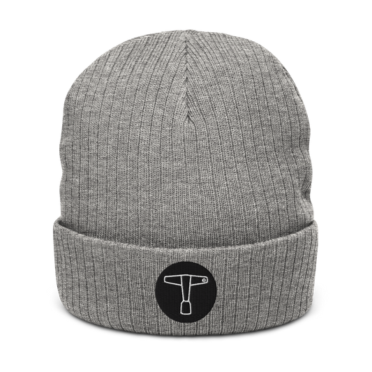 Drum Key Embroidered Ribbed Knit Beanie